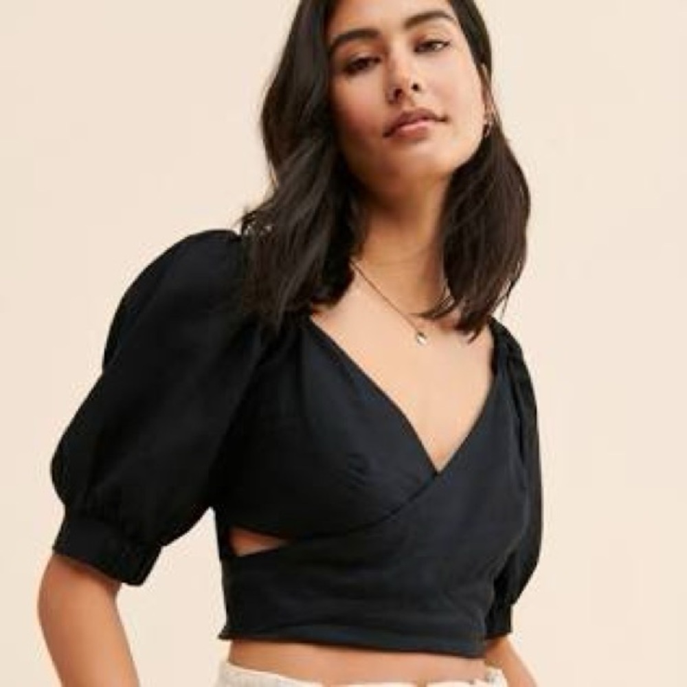 NWT Anthropologie V Neck Open Back Crop Top in Black Medium